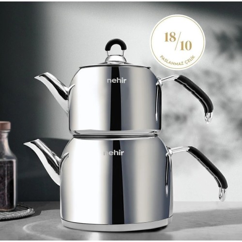 Nehir Modern Mini Küçük Boy 0.8-1.6 Lt. Paslanmaz Çelik Çaydanlık Takı